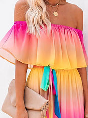 Women's Retro Rainbow Print Boat Neck Mini Dress