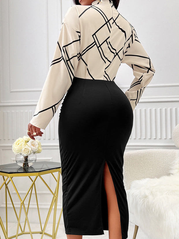 Women's Retro Spliced High Neck Long Sleeve Hip Cover Midi Dress