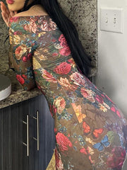 Women's Retro Oil Painting Print Patchwork Lace Hip-Covering Long Dress